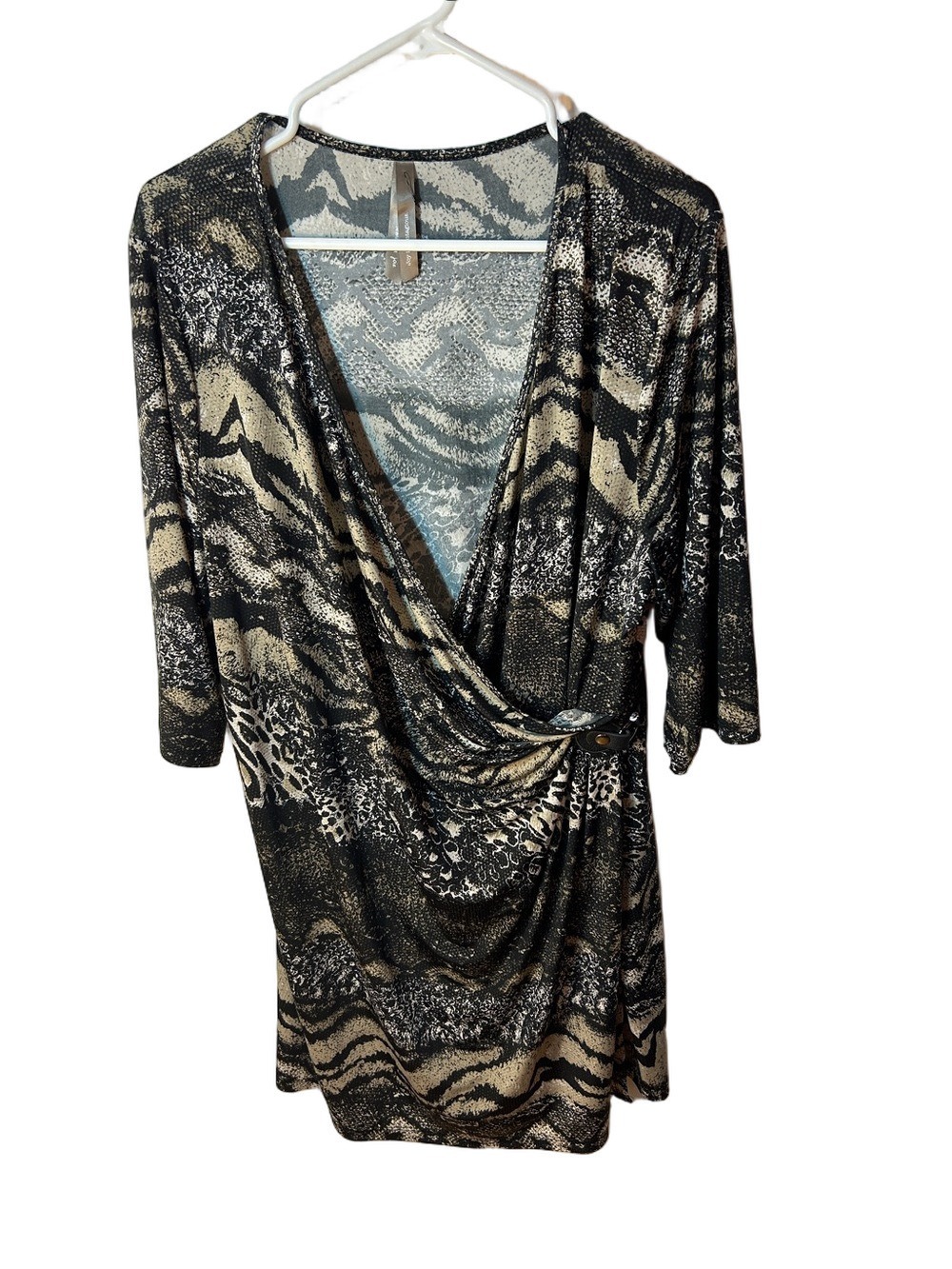 Penningtons Black and Gold Wrap-Front Long Sleeve Midi Dress Snakeskin size 1x